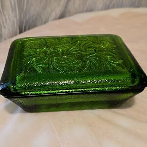 vintage green glass lidded box, trinket box, Estate Sale Find